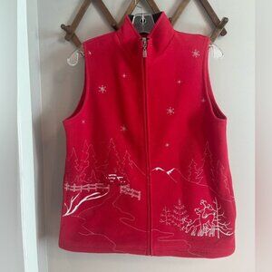 NORTHERN REFLECTIONS Cherry Red FLEECE VEST Size S Embroidered Grannycore